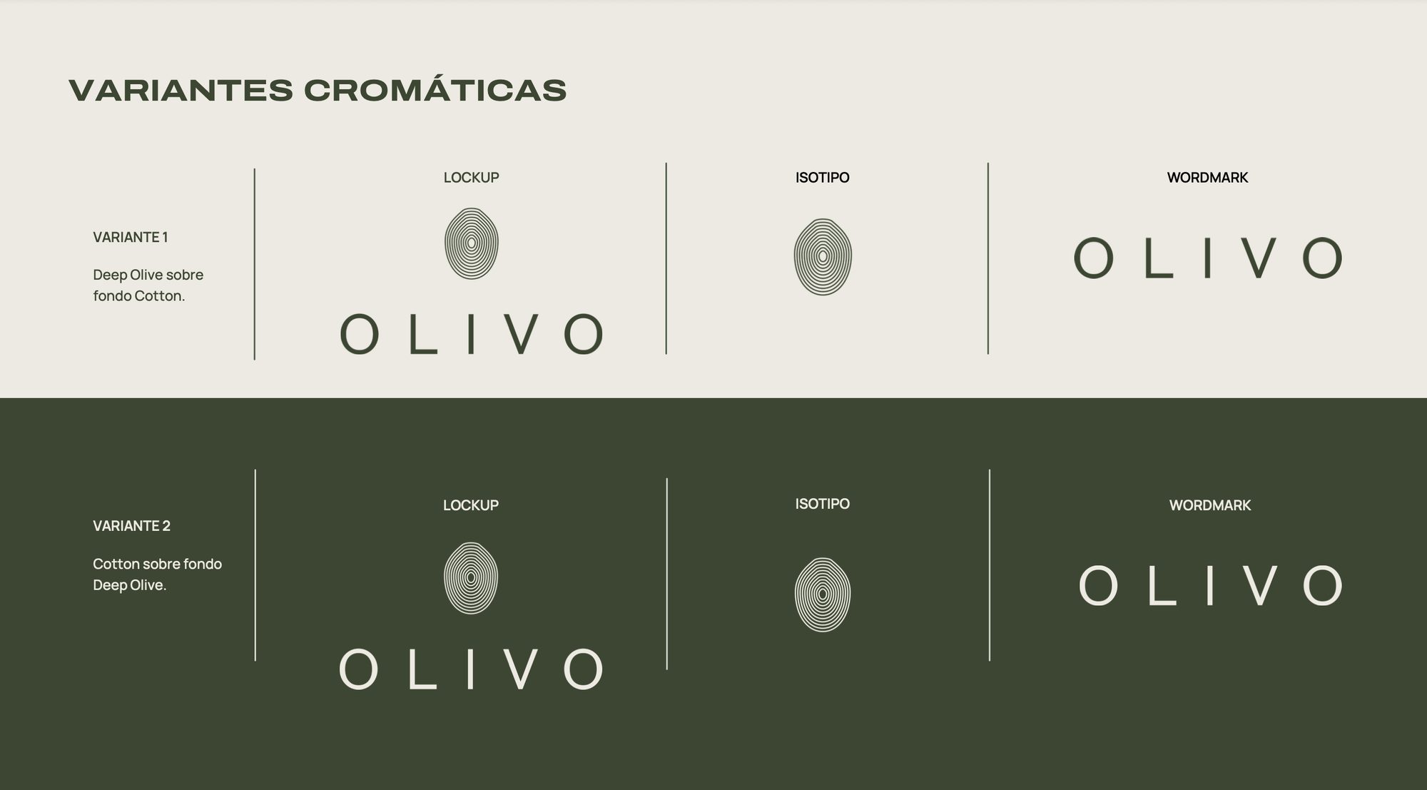 Olivo — logo system: colour variants, isotipo, and wordmark